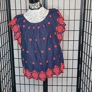 Women's Gap Navy Embroidered Boho Top with Red Accents